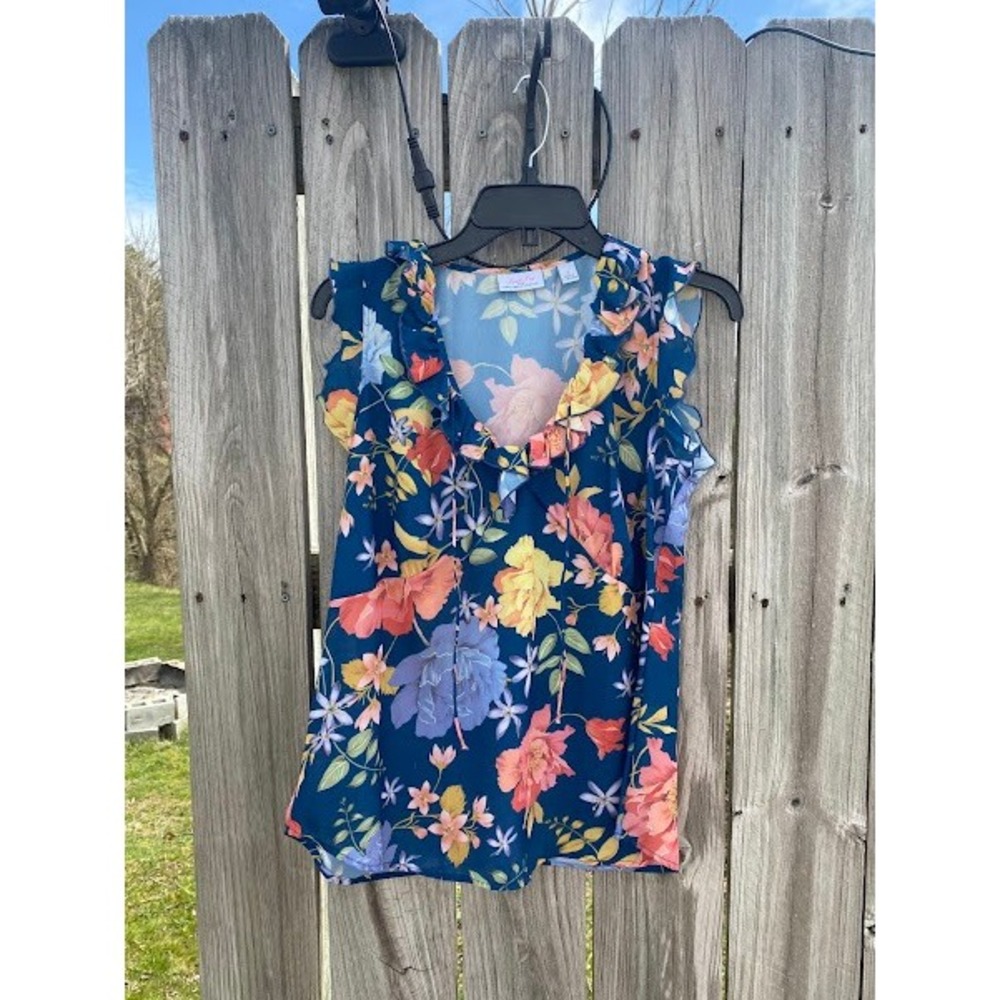 Sweet Pea for New York & Company Teal Floral Ruffle Tie Neck‎ Blouse Womens M